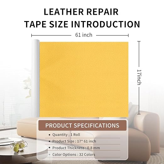 Leather Repair Patch Tape, Yellow 17 x 61 Inches Self Adhesive Leather Repair Kit for Furniture, Car Seat,Vinyl Leather Repair Kit for Office Chairs, Bags, Luggage