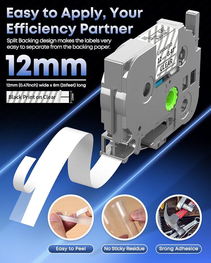 TZe TZ Tape 12mm 0.47 Laminated Clear Label Tape TZe-131 | Replace for Brother Label Maker Tape Clear TZe131 TZ-131 for Brother P Touch PT-D210 PT-D220 PT-H110 PT-D400 PT-D600, 5-Pack