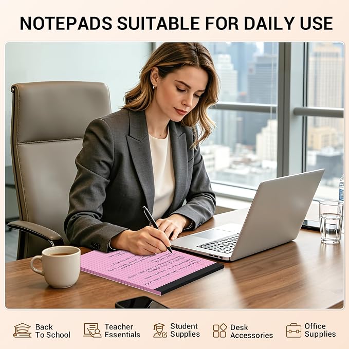 12 Pack Pink Legal Pads 8.5 x 11 Note Pads Wide Ruled Notepads Writing Pad | Micro Perforated Lined Paper Pad of Paper with Sturdy White Back,30 Sheet/Notepad, Writing Pads for to-Do Lists,Office,School