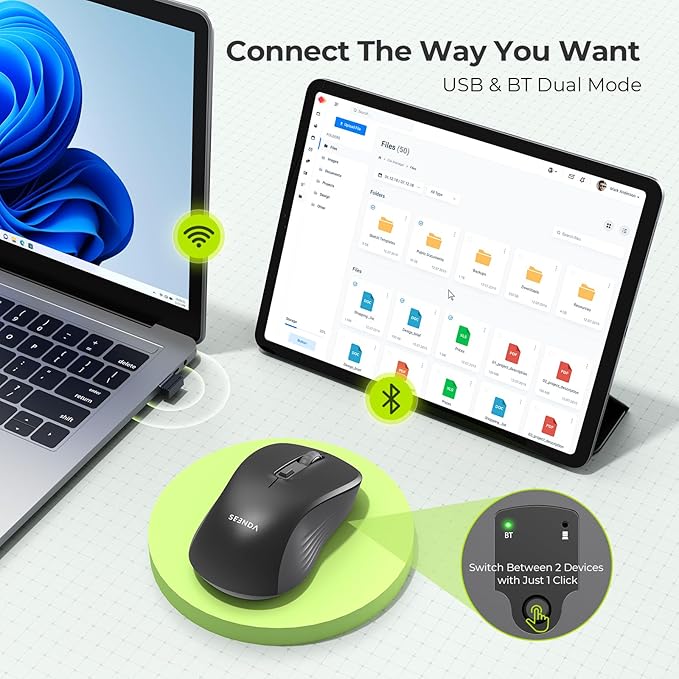 seenda Bluetooth Wireless Mouse, Bluetooth & 2.4G USB Dual Mode, Quiet Clicks, Smooth Tracking, 3-Level Adjustable 1600 DPI,Compact and Portable Mouse for Laptops, Tablets and More-Black