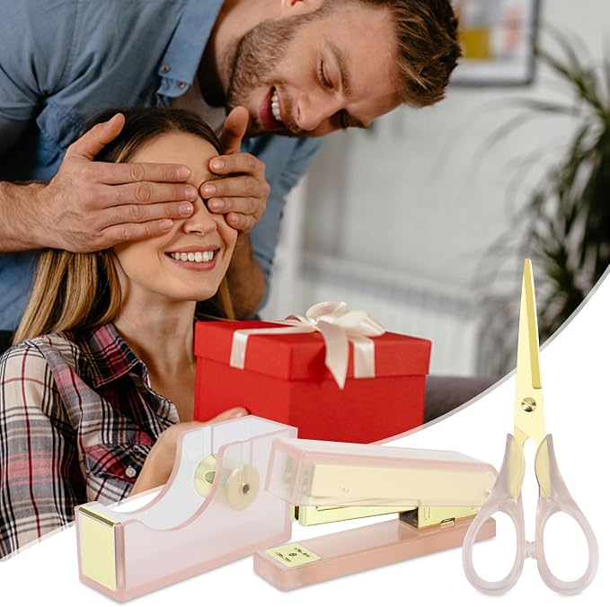 MultiBey 1-Inch Core Clear Acrylic Pink Gold Tape Dispenser Desk Set | Heavy Duty Stapler with 950Pcs Rose Gold Staples, Acrylic Scissors, Stationery Set for Home Office & School Supplies