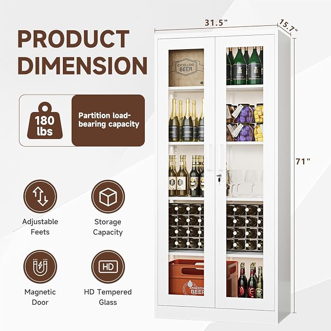 PEUKC Display Cabinet with Glass Doors, 71 Inches Metal Display Case with 4 Adjustable Shelves, Curio Storage Cabinet with Lock for Home, Office, Book, Pantry, Assemble Required (White)
