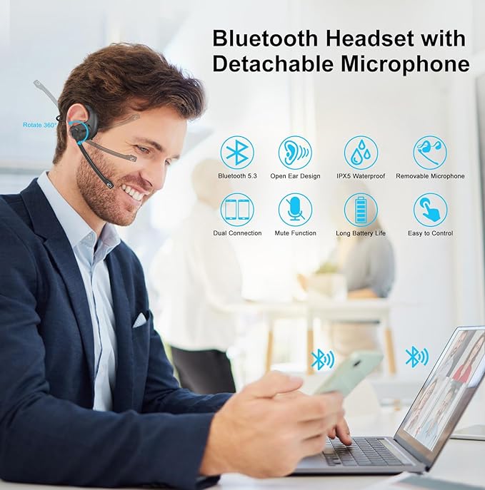 iDIGMALL Bluetooth Headset, Open Ear Headphones with Detachable Microphone | Multi-Point Wireless Headset with DSP Noise Canceling Mic for Phone PC Laptop Office Meeting Home Work, Comfort & Light, 12H