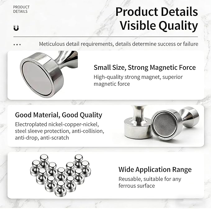 Strong Fridge Magnets, 20 Pcs, 12 x 16mm, Silver, Heavy Duty Magnetic Push Pins for Refrigerator, Whiteboard, Office, Classroom, Kitchen & Locker Decor