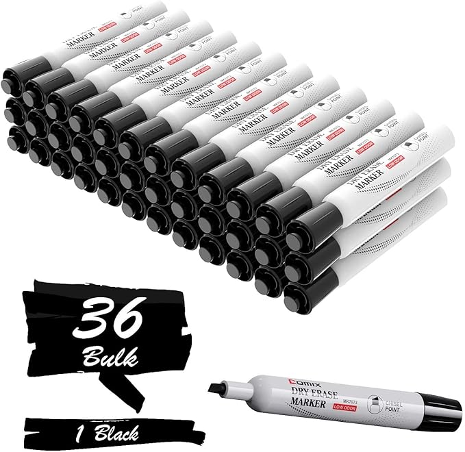 Comix Dry Erase Markers Black, Chisel Tip Whiteboard Markers, 36 Bulk Low Odor Markers for Classroom, Teachers, Office, School Supplies, Black Color