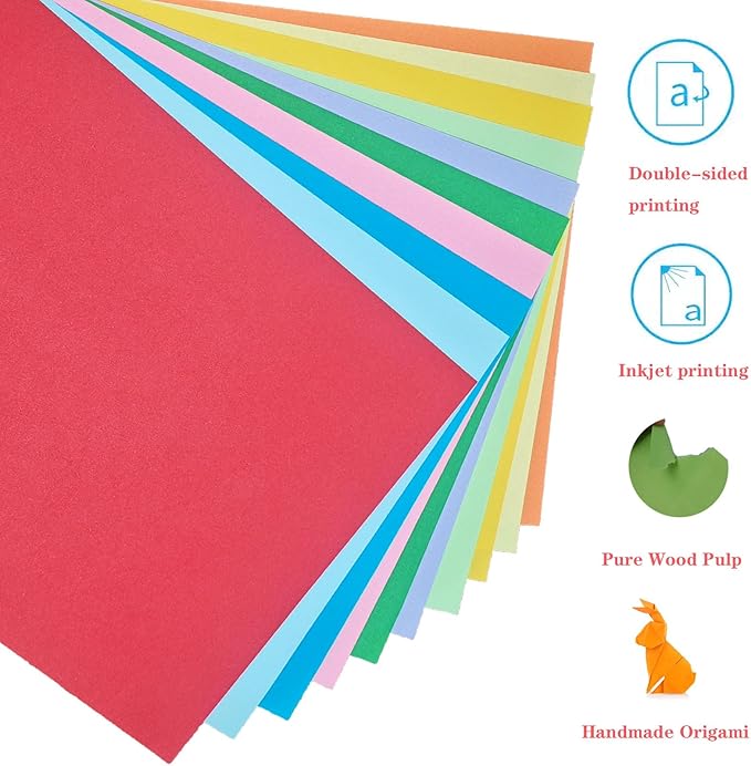 Colored Paper 8.5 x 11 Assorted Colored Copy Print Paper, 10 Colors Letter Size Lightweight Colored Construction Paper for Cutting DIY Art Painting Drawing Origami Craft School Office Supplie