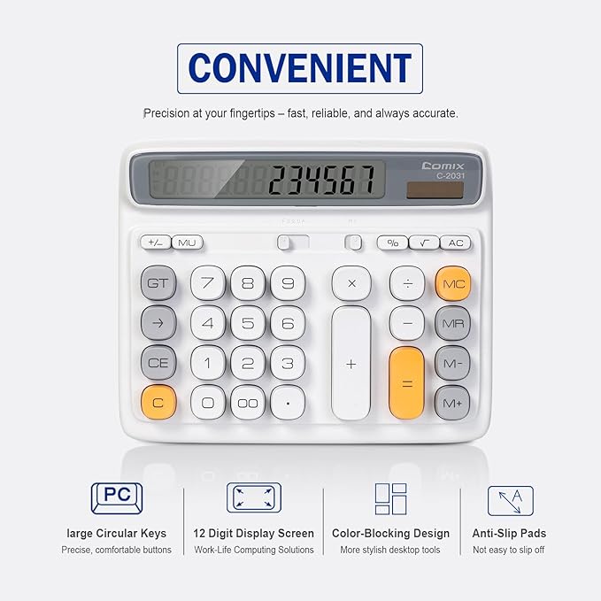 Comix Desk Calculator with 12 Digits Large LCD Display, Solar Battery Dual Power, Large Computer Keys Basic Calculator for Home Office School