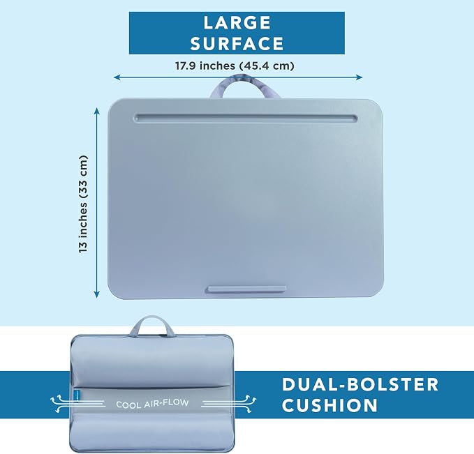 LAPGEAR The Original Lap Desk – Sky Blue, Fits 17" Laptops | Microbead Cushion, Device Ledge, Built-In Pencil Tray, Carry Handle