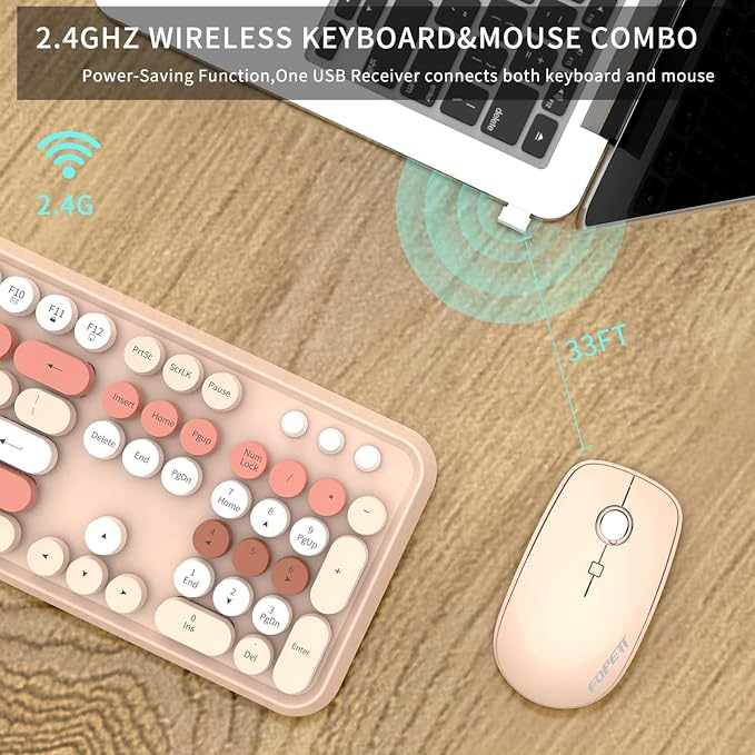 Wireless Keyboard and Mouse Combo | Cute Colorful Keyboard and Mouse with 2.4GHz Cordless Retro Typewriter Keyboard | Auto-Sleep | USB Receiver for Windows PC/Laptop - Creamy Colorful