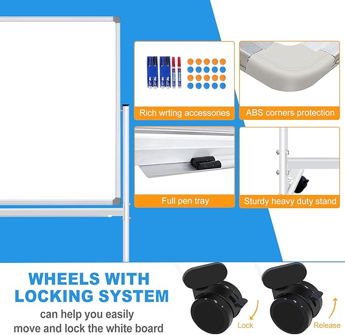 Mobile White Board with Stands 40"x28", Double-Sided Rolling Whiteboard on Wheels Magnetic Dry Erase Board with Stand Portable Standing White Board for Classroom, Office, Home