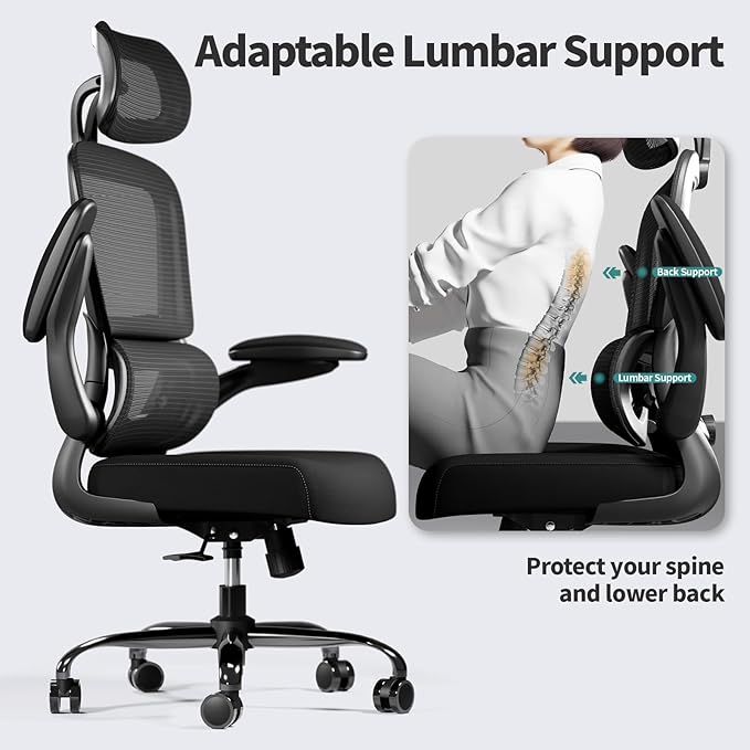 TRALT Office Chair Ergonomic Desk Chair - Gaming Chair with Lumbar Support | 330 LBS Home Office Desk Chairs with Headrest, Reading Chair with Flip-up Armrests, Comfortable Computer Chairs (1, Black)