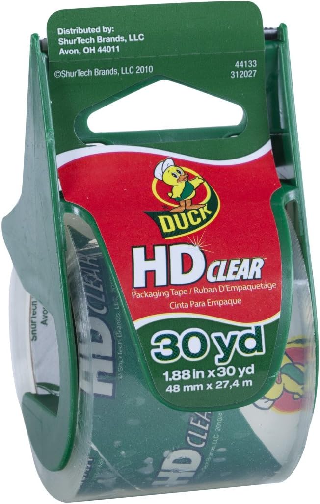 Duck HD Clear Heavy Duty Packing Tape with Dispenser, 1.88 Inch x 30 Yard, 1 Roll (281650)