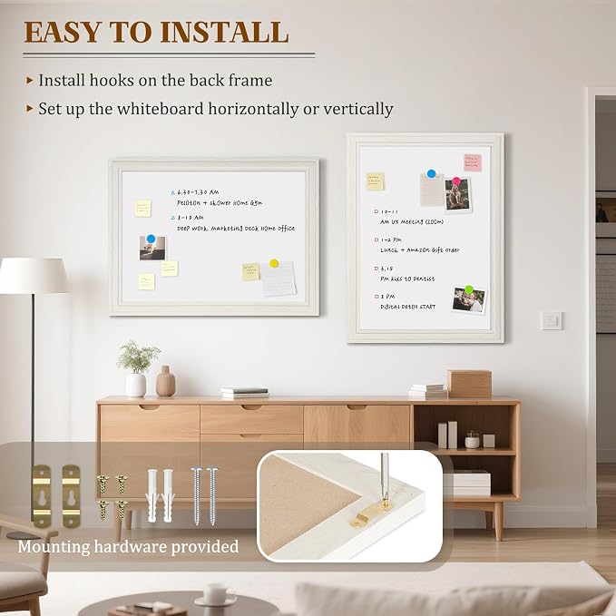 White Board for Wall, 24'' x 18'' Magnetic Dry Erase Board, Vintage White | Wooden Frame, Decorative Whiteboard, Wall Mounted, for Home, Office, Kitchen, Dorm, 4 Markers, 6 Magnets, A Eraser