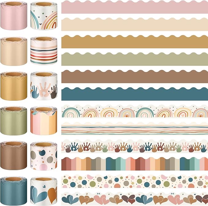 Geyee 12 Rolls 394 ft Boho Bulletin Board Borders Bohemia Bulletin Board Decorations Colorful Rainbow Aesthetic Trim for School Classroom Wall Decor