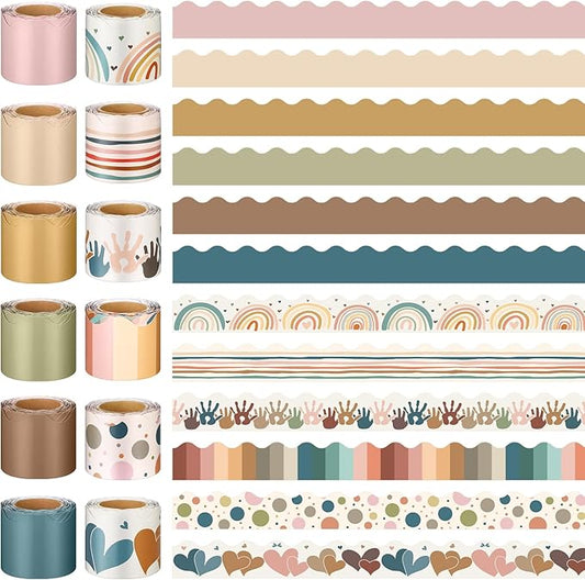Geyee 12 Rolls 394 ft Boho Bulletin Board Borders Bohemia Bulletin Board Decorations Colorful Rainbow Aesthetic Trim for School Classroom Wall Decor