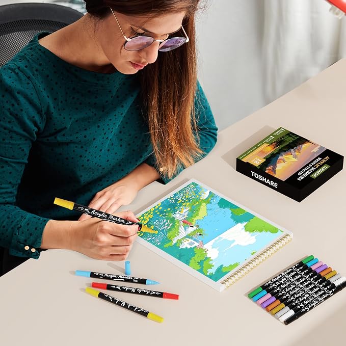 12 Colors Precision Dual Tip Acrylic Paint Markers Pens - Brush & Fine | Performs on Rock, Wood, Paper, Fabric, Egg, Scrapbook, Glass, Ceramic, Canvas, DIY Crafts Art Gift - School Supplies