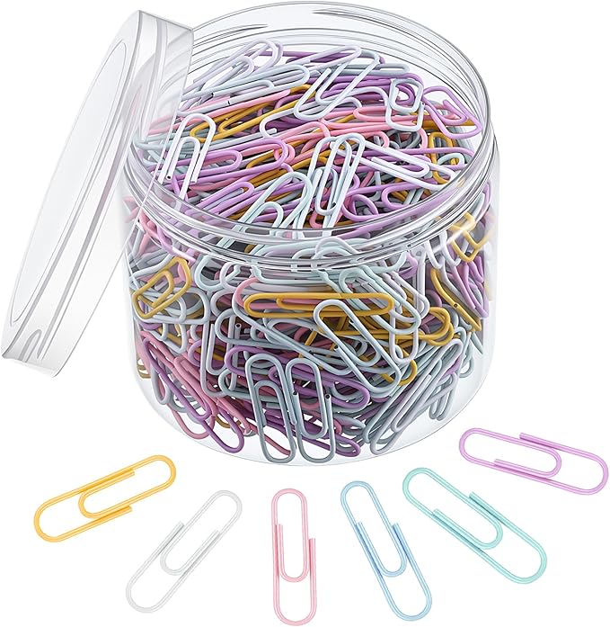 SUMAJU 500 PCS Colored Paper Clips, 33 mm/1.3Inch Assorted Paperclips | Macaron Color, Rust-Resistant Metal, Smooth Vinyl Coating, Reusable Storage Box, For Office, School, Home, Diy