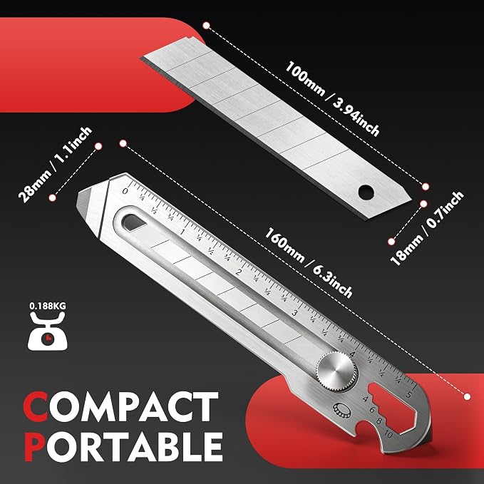 BECOWIN 2PC 7-in-1 Stainless Steel Utility Knife, 18mm Snap-Off Box Cutter | Retractable Metal Utility Knife with Built-In Ruler, Multi Tool Design, Perfect for DIY, Garage, Workshop and Daily Cutting
