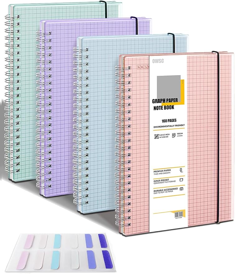 OWSC 4 Pack Graph Spiral Notebook, Hardcover Notebooks for Work A5 Graph | 5.9 x 8.3 IN Notebooks College Ruled for Note Taking, School and Journal with 80 Sheets/160 Pages 110 GSM Thick Papers