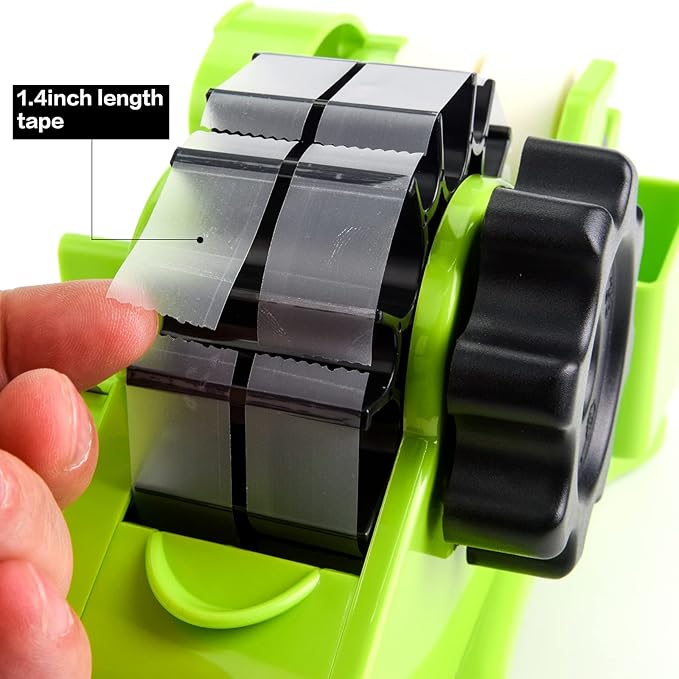 Green Packaging Tape Dispenser with Compartment Slot and 1"& 3" Dual-roll cores,semi-Automatic Desk 3/4" Heat Tape Dispenser & Cut, Designed for Office,School and Warehouse.