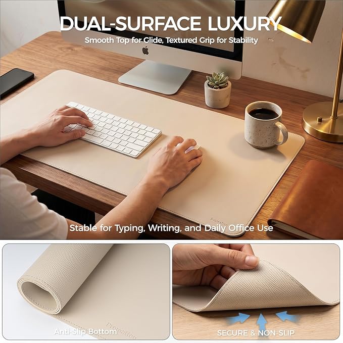 Large Desk Pad Non-Slip Desk Mat Protector for Keyboard Mouse Waterproof Vegan Leather Surface Faux Leather Laptop Mat Smooth Mouse Pad Premium Gift Tube Warm Beige 47" x 17"