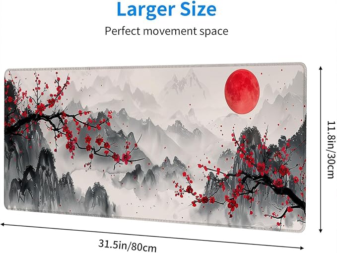Watercolor Cherry Blossom Gaming Mouse Pad - Chinese Ink Painting Mountain Desk Mat With Stitched Edge Non-Slip Base for Office Computer Keyboard Laptop Home 31.5"x11.8"