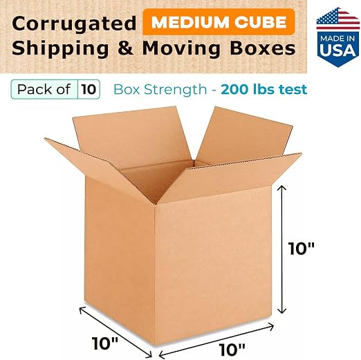 Medium Cube Moving & Shipping Boxes 10x10x10 inches (10-Pack) - Extra Strength 200 lb vs Regular - Corrugated Durable Packing Boxes - Shipping Box Medium - Box Packaging by IDL Packaging | Extra Strength 200 lb vs Regular - Corrugated Durable Packing B...