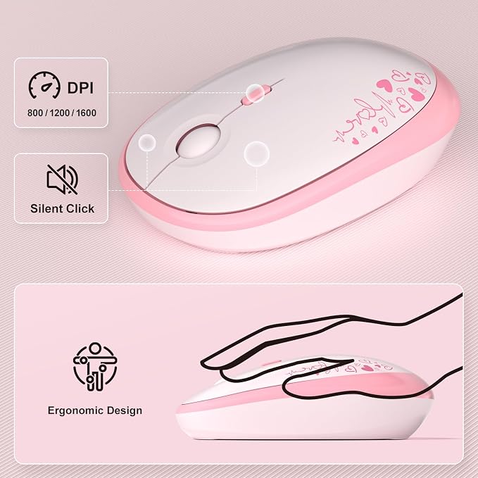 MOFII Wireless Keyboard and Mouse Combo, Cute Retro Typewriter Keyboard and Silent Mouse, 2.4GHz Full Size Computer Keyboard Wireless Mouse Set for PC, Laptop, Desktop, Windows (Pink Colorful)