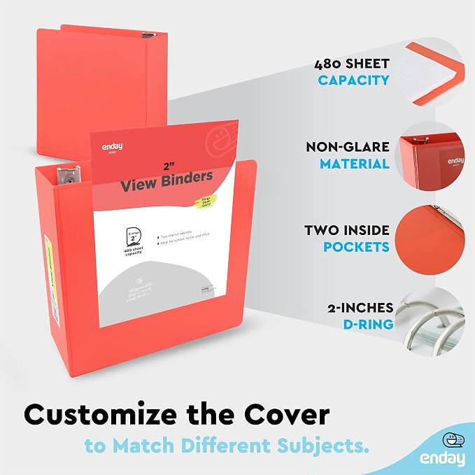 Enday 2 Inch 3 Ring Binder, Red Heavy Duty Three Ring Binder, 480 Sheets Capacity - 2 Inch Binder for Home School and Office.