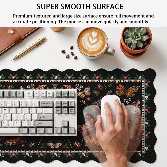 Vintage Butterfly Garden Scalloped Mouse Pad Dragonfly Ladybug Beetle XL Mouse Pad Large Mousepad Extended Laptop Keyboard Mat Gaming Desk Pad Office Computer Keyboard Laptop Home 31.5"x15.7"