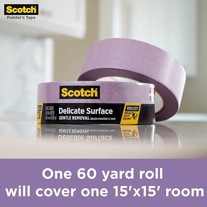 Scotch Delicate Surfaces Painters Tape, 0.94 in x 60 yd, Damage-Free Painting Prep, Protect Delicate Surfaces, UV & Sunlight Resistant, Solvent-Free Adhesive, Indoor Masking Tape, 1 Roll (2080EL-24E)