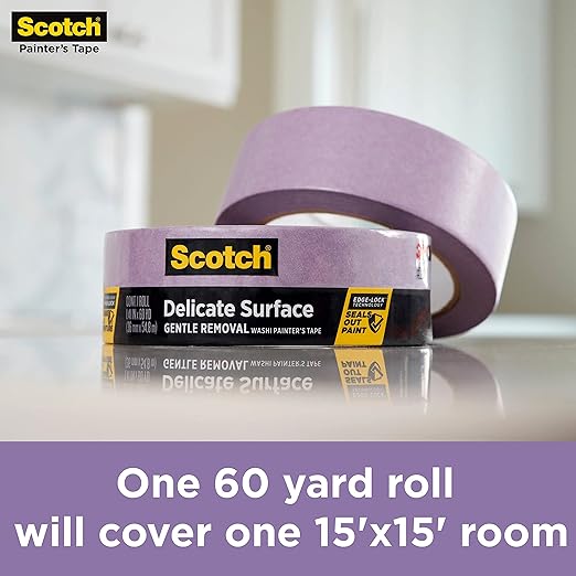 Scotch Delicate Surfaces Painters Tape, 1.41 in x 60 yd, Damage-Free Painting Prep, Protect Delicate Surfaces, UV & Sunlight Resistant, Solvent-Free Adhesive, Indoor Masking Tape, 1 Roll (2080-36EC)
