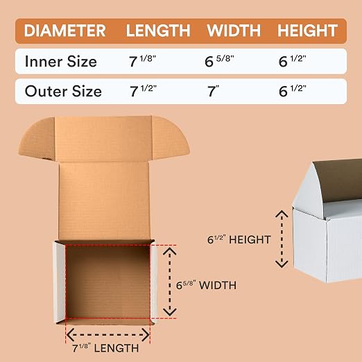 Box USA 7" Deluxe Shipping Boxes, 7 1/2"L x 7"W x 6 1/2"H, 25-Pack - White Box Mailers for Packaging, Storage, Gifts or Bulk Business Orders