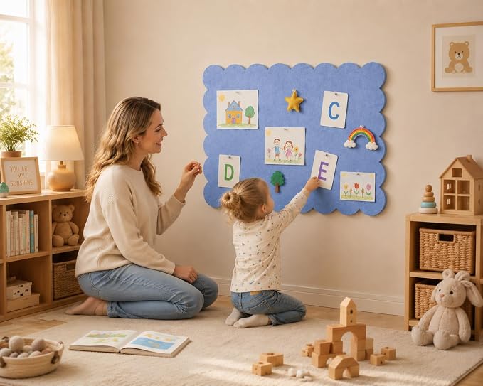 Scalloped Felt Bulletin Board 24 x 18 Inches (Blue Gray) | , Cute Decorative Pin Board for Dorm Room Decor, Small Vision Board & Photo Display for Bedroom or Study