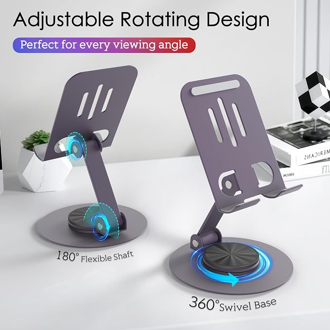 Metal Cell Phone Stand for Desk, Multi-Angel Adjustable 360° Rotation Desktop Phone Holder and Foldable Mobile Phone Stand, Compatible with iPhone 17 16 Pro Max and All Smartphones, Purple