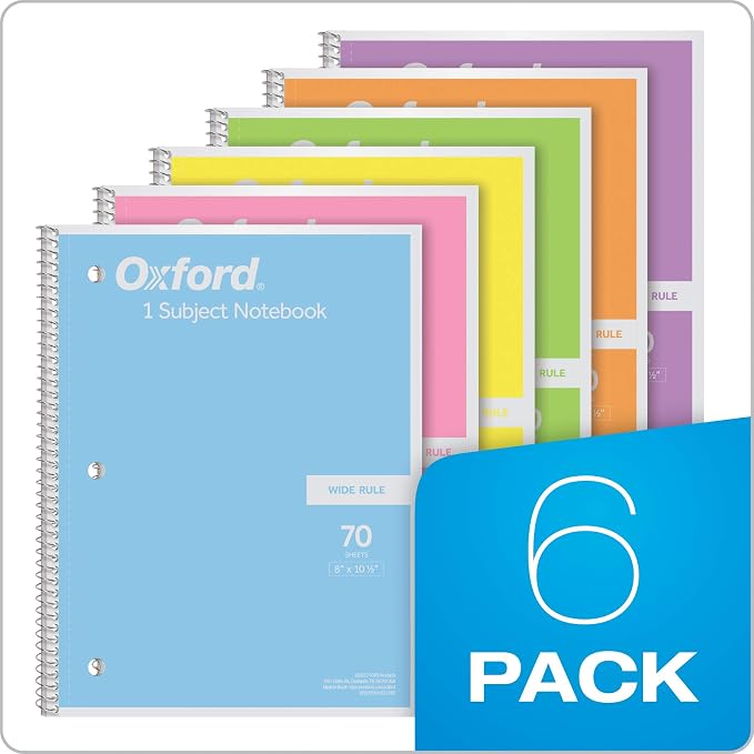 Oxford Spiral Notebooks, 6 Pack, 1 Subject, Wide Ruled Notebooks for School, 8 x 10.5 Inches, 70 Sheets, Assorted Pastel Colors, Back to School Supplies (63757) (Pack of 8)