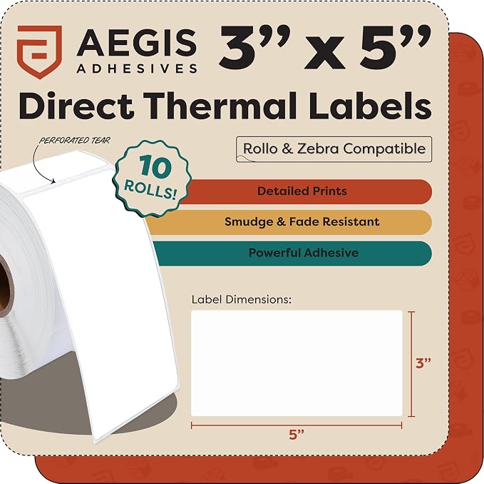 3" X 5" Direct Thermal Labels (3000 Count, 10 Rolls) - Address & Shipping | Barcode Labels, Thermal Sticker Roll for Small Packages - Compatible With Zebra and Rollo Printers