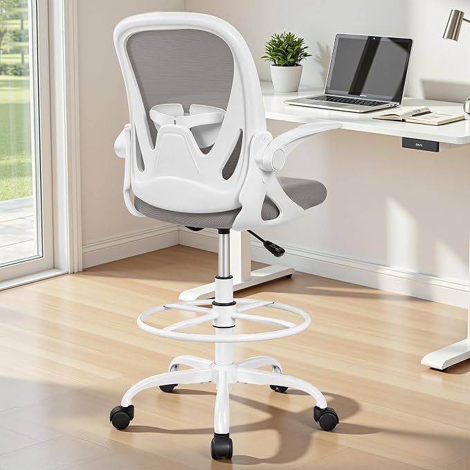 Ergonomic Drafting Chair with Flip-Up Armrests & Adjustable Footrest – Tall Office Chair for Standing Desks, Lumbar Support, Gray – Home & Office Comfort