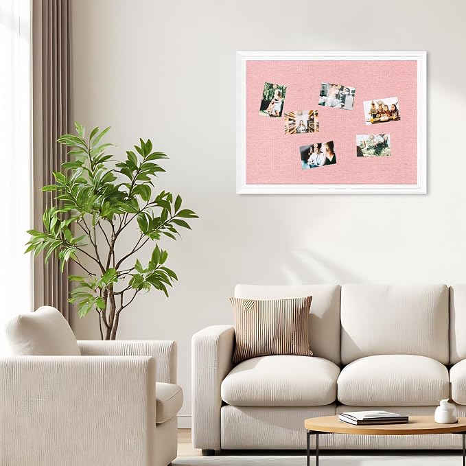 DOLLAR BOSS Bulletin Boards with Linen, 36"x24" Pink Cork Board, White | Corkboards for Walls, Framed Pin Board, Picture Display Vision Board, For Office Home School Girls Dorm Decor, 10 Pushpins