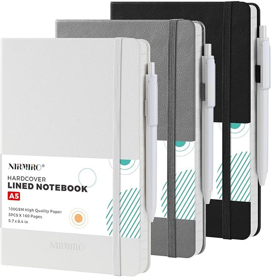 Hardcover Journal Notebook for Work, A5 (5.7"x8.4"), 3 Pack 160 Pages Lined Journaling Notebooks with Pen, 100GSM Paper, for Women Men Writing, Travel, Business, Daily Diary, School Office Supplies