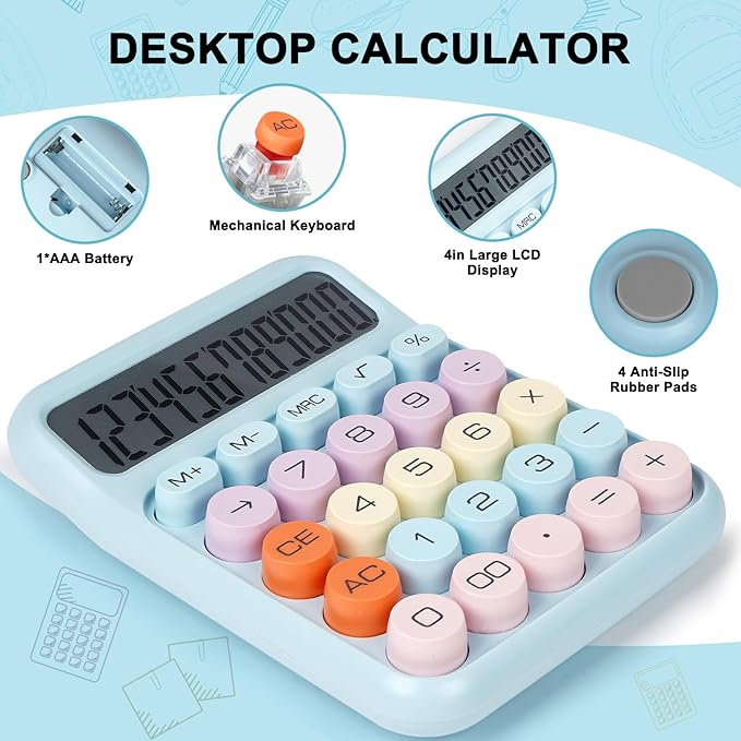 Mechanical Switch Calculator with Big Buttons, Calculators Desktop, 12 Digits, Large LCD Display, Desk Calculator, Cute Pink Calculators for Teachers Students Basic Office (Blue)