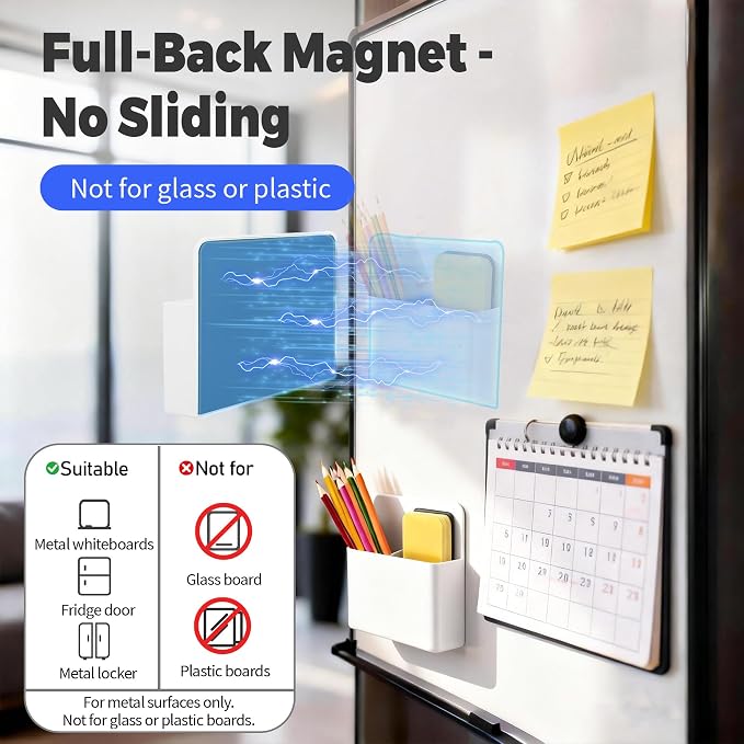 2 Pack Magnetic Pen Holder for Refrigerator & Whiteboard, Full-Back Magnet Dry Erase Marker Holder with Adjustable Divider, Magnetic Marker Holder for White Board Office Desk Locker Accessories, White