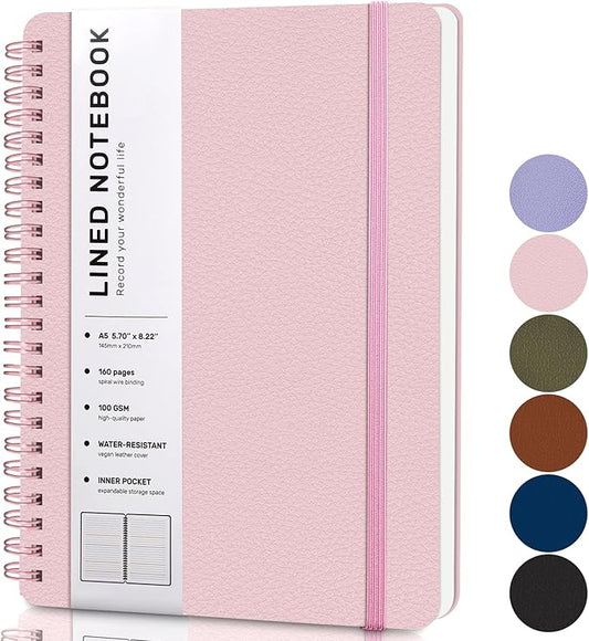 Lined Spiral Journal Notebook, A5 Hardcover Leather Notebook for Work, 5.7''×8.2'', 100GSM Thick Paper Spiral Bound Journaling Notebooks for Women & Men Office School Note Taking Business, Pink