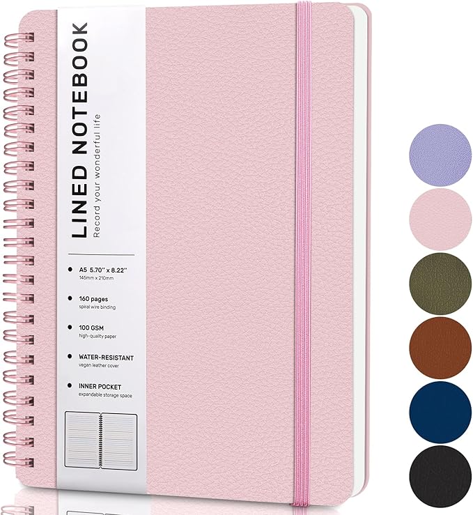 Lined Spiral Journal Notebook, B5 Hardcover Leather Notebook for Work, 7.8''×10'', 100GSM Thick Paper Spiral Bound Journaling Notebooks for Women & Men Office School Note Taking Business, Pink