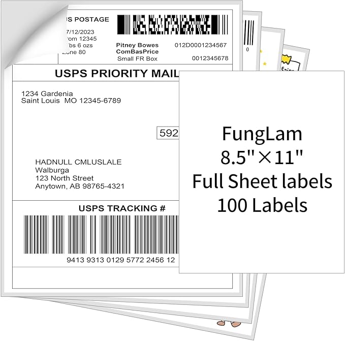 Full Sheet Sticker Paper, Full Page Sticker Labels 8.5” x 11”, Shipping Labels for Laser&Inkjet Printers, 8.5” x 11” Adhesive Shipping Label Stickers, 100 Labels.