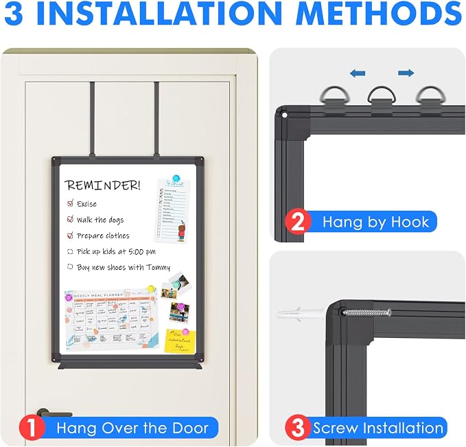 Maxtek Black Magnetic Dry Erase Board for Door 24 x 18 in | No-Drill Adjustable Long Arm Hook Mount, Portable Hanging Whiteboard For Home, Dorm, Office, Cubicle And Small Spaces