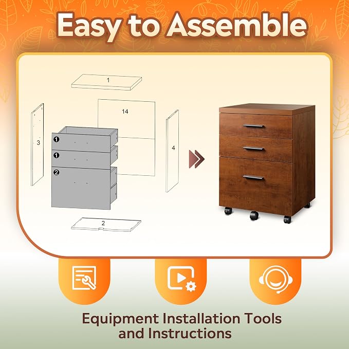 DEVAISE 3 Drawer File Cabinet, Wood Under Desk Filing Cabinet, Walnut | Rolling Printer Stand, Small Storage Cabinet with Wheels, Fits Legal/Letter/A4 Size, Home Office