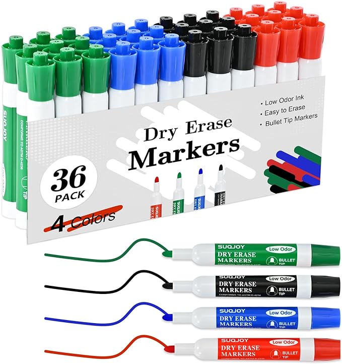 Dry Erase Markers, BulletTip Whiteboard Markers, Low Odor Thick Dry Markers, 36 Bulk 4 Assorted Color Marker for Whiteboard, Classroom, Office & Home
