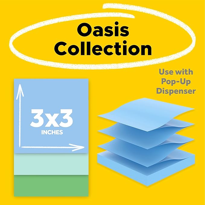 Post-it Super Sticky 100% Recycled Pop-up Notes, Oasis Collection, 3 in. x 3 in., 70 Sheets, 18 Pads, School Supplies and Office Products