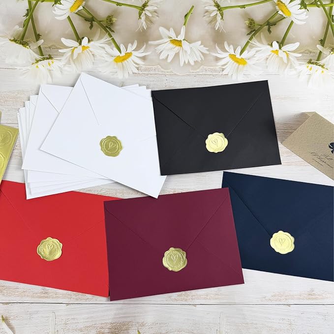 5x7 Envelopes With Golden Stickers (50, Burgundy, A7) | A7 Envelope for Invitations,envelope for 5x7 cards,Self Seal for Postcards, Greeting Cards, Mailing，Wedding
